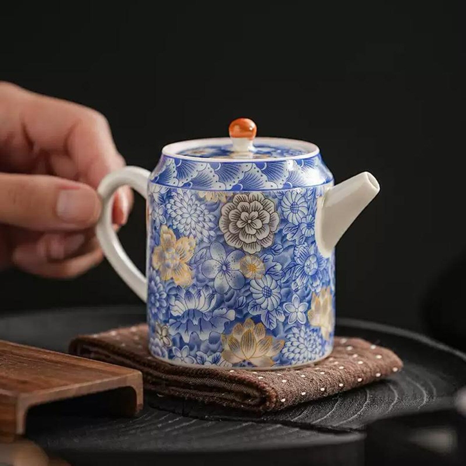 Artisan Indigo Blossom Porcelain Teapot — Hand-Finished Ceremonial Teaware