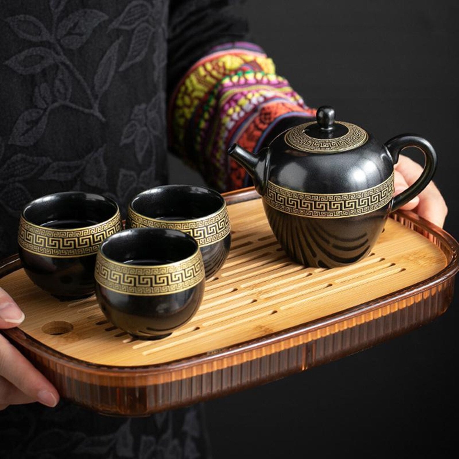 Artisan Obsidian & Gold Porcelain Gongfu Tea Set — Handcrafted Geometric Elegance