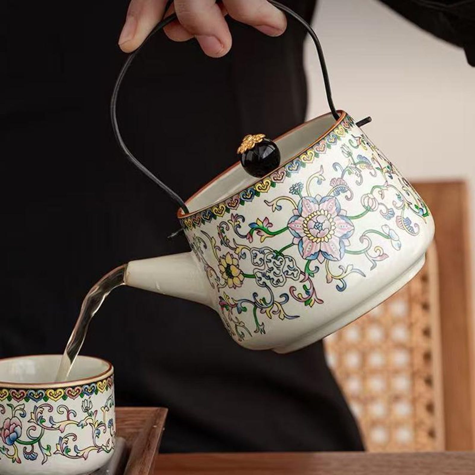 Handcrafted Muted Imperial Yellow Floral Tea Set — 5-Piece Porcelain Collection