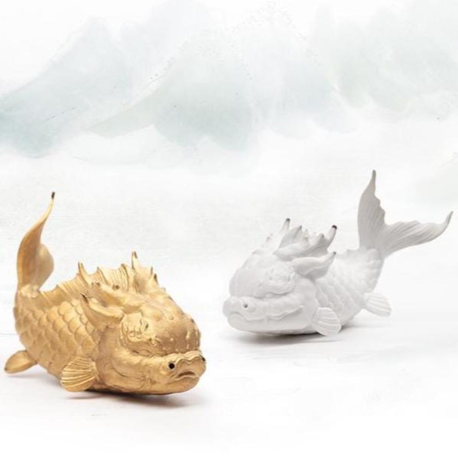 Artisan "Dragon-Koi" Ceramic Tea Pet Set — Pair of Mythical Fish Figurines (White & Gold)