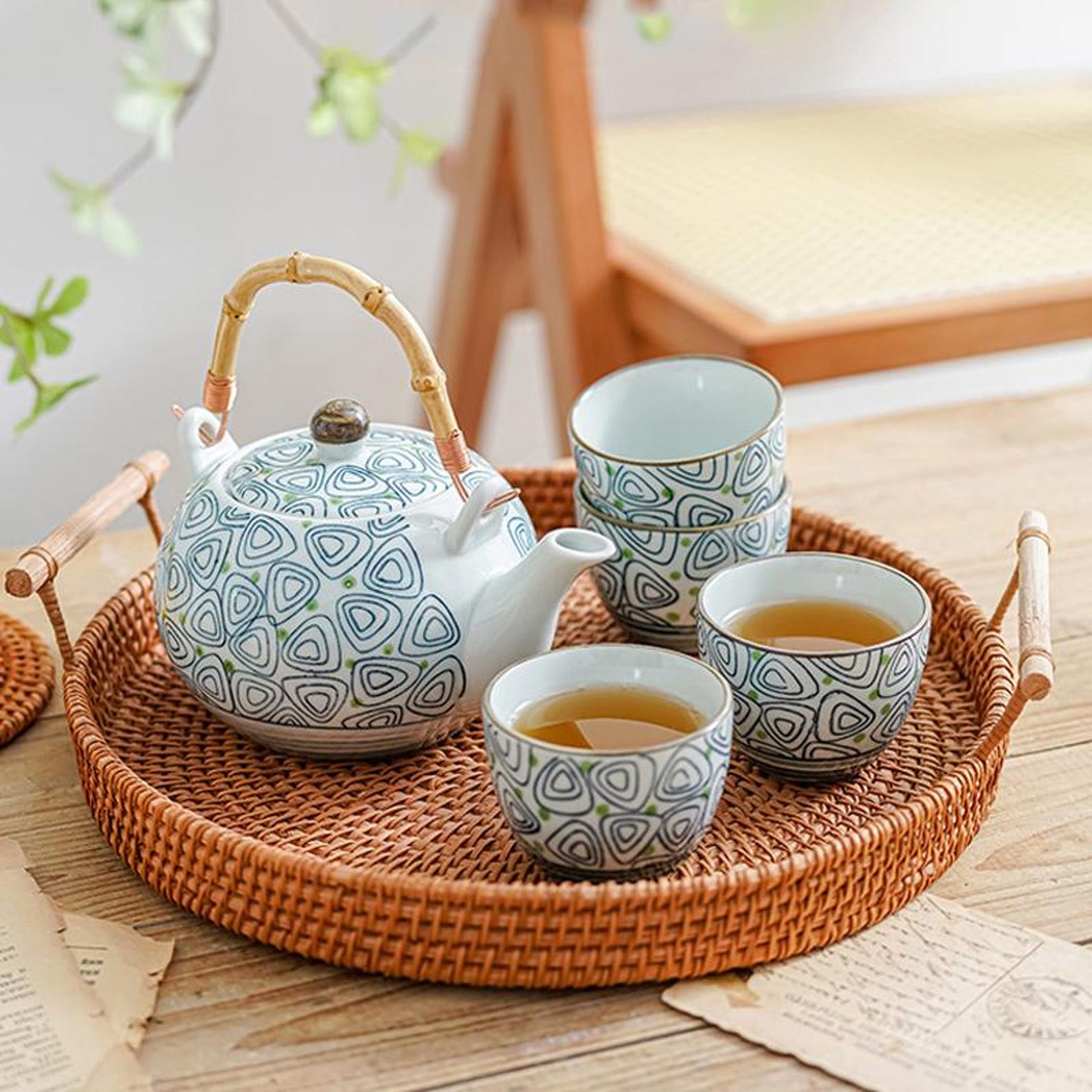 Artisan Geometric Triangle Porcelain Tea Set — 5-Piece Handcrafted Collection with Natural Bamboo Handle