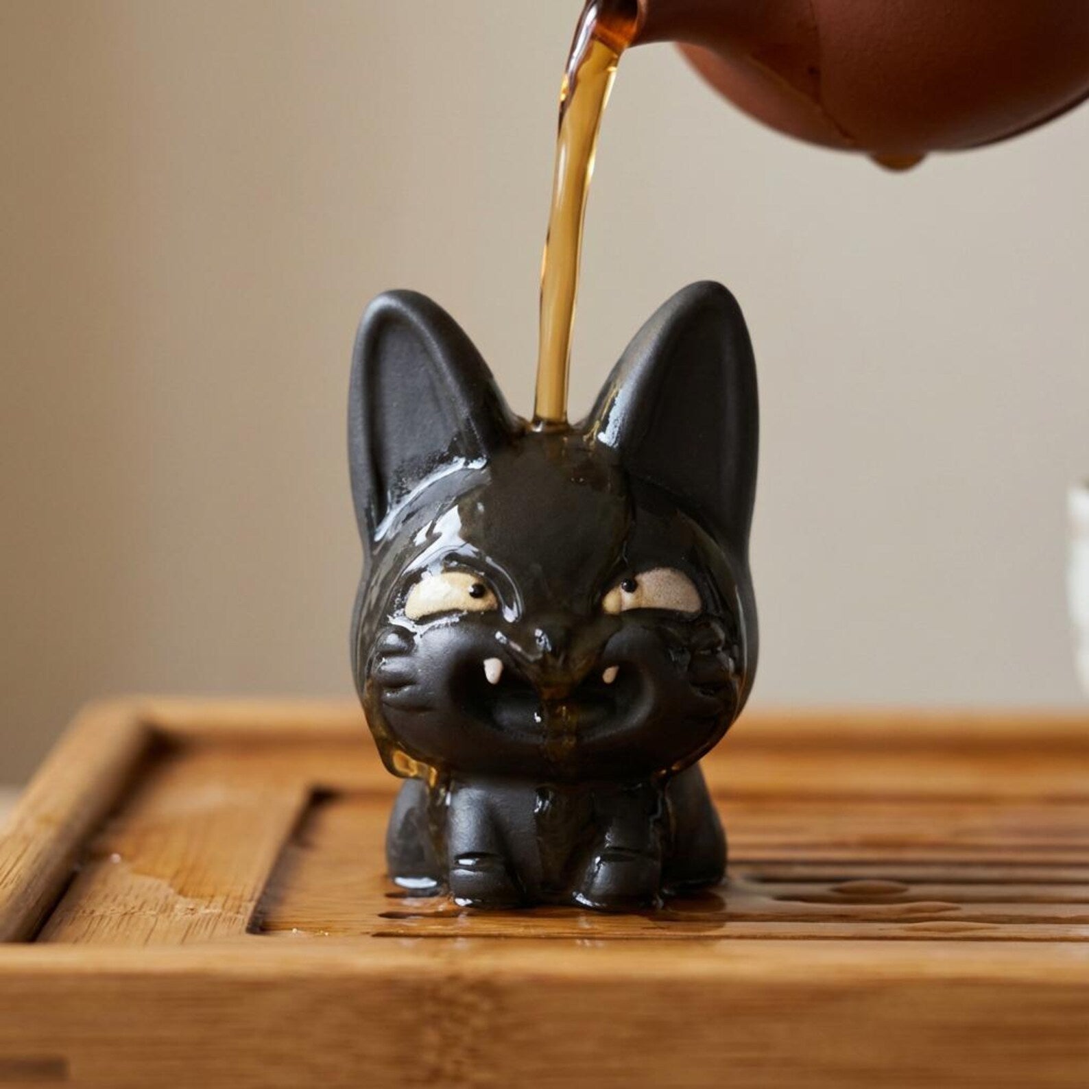 Handcrafted Ceramic "Grinning Black Cat" Tea Pet Ornament