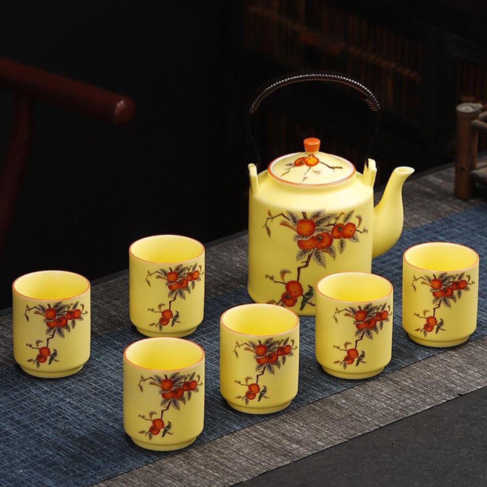 Artisan Persimmon & Songbird Porcelain Tea Set — Hand-Finished Ceremonial Collection