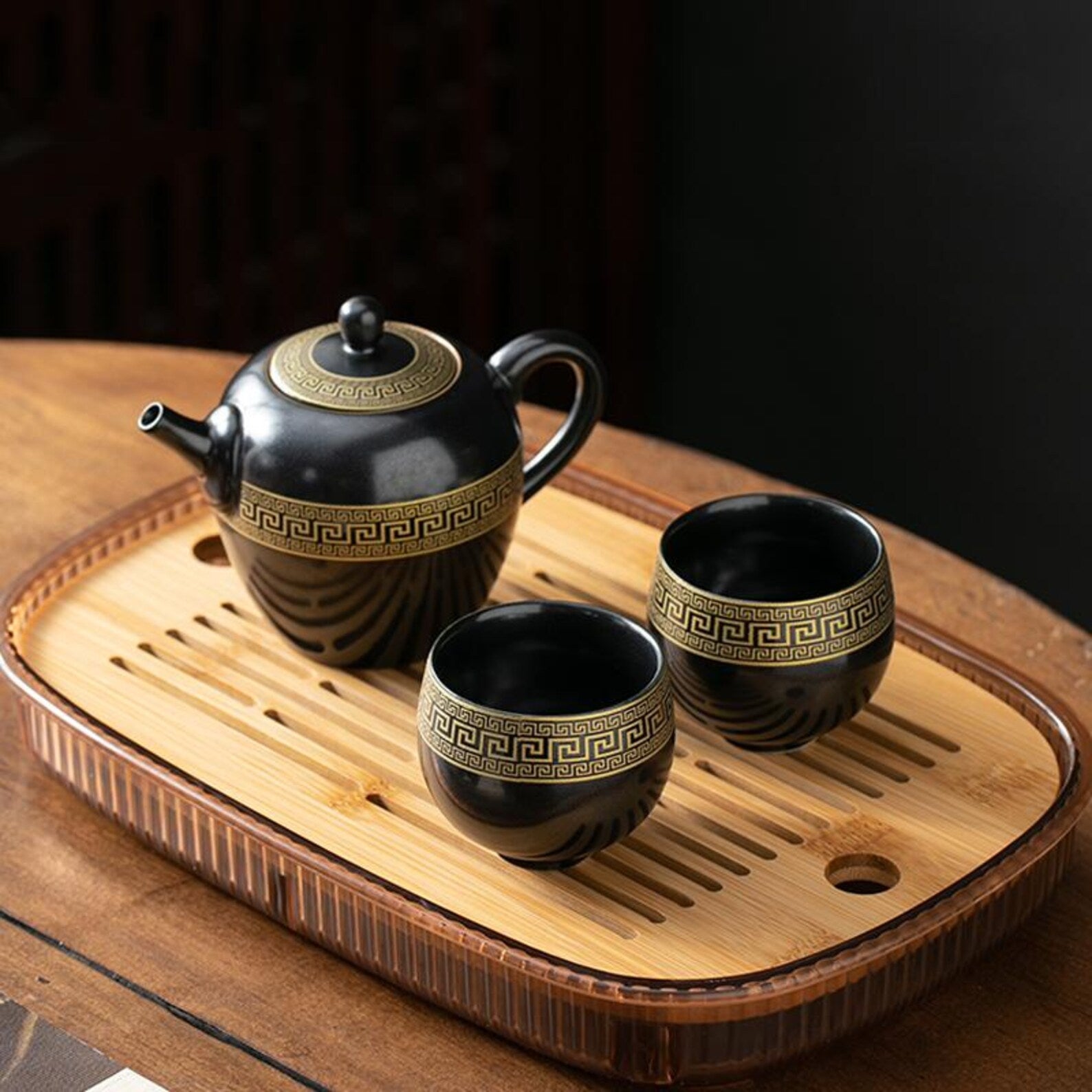 Artisan Obsidian & Gold Porcelain Gongfu Tea Set — Handcrafted Geometric Elegance