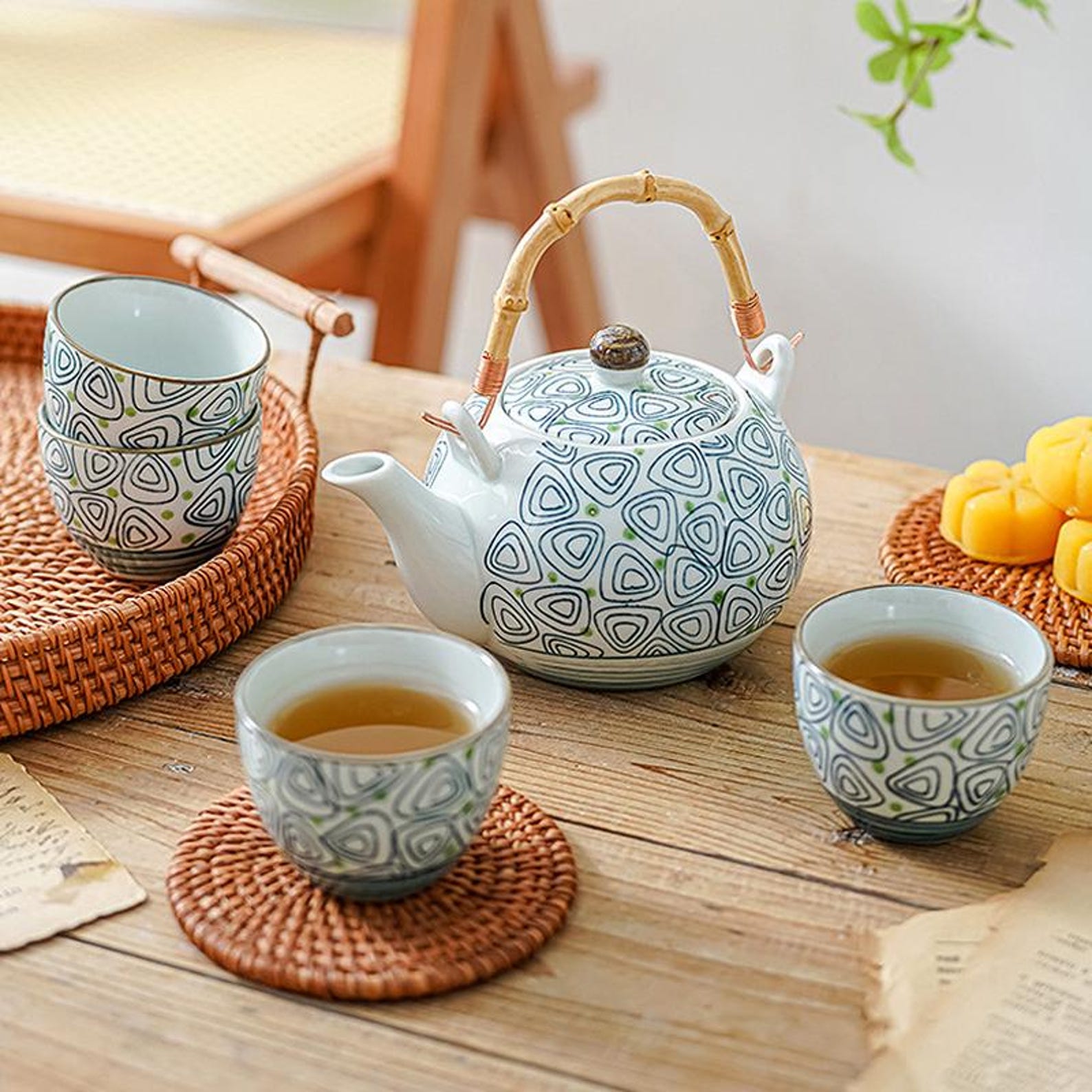 Artisan Geometric Triangle Porcelain Tea Set — 5-Piece Handcrafted Collection with Natural Bamboo Handle