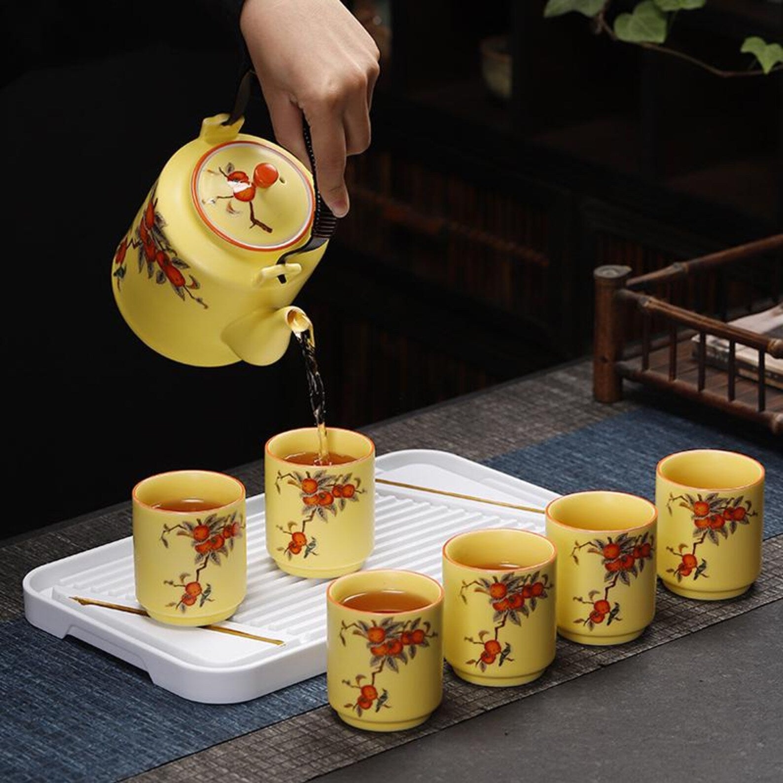 Artisan Persimmon & Songbird Porcelain Tea Set — Hand-Finished Ceremonial Collection