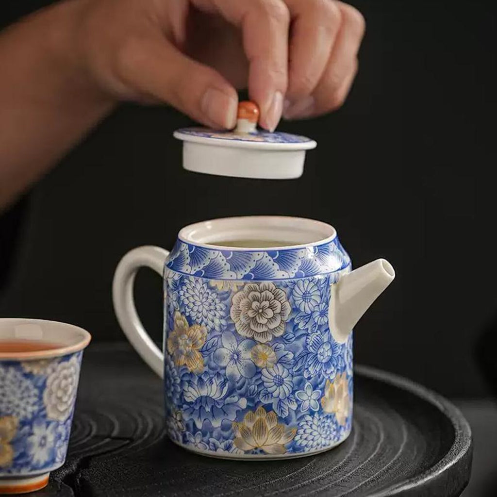 Artisan Indigo Blossom Porcelain Teapot — Hand-Finished Ceremonial Teaware