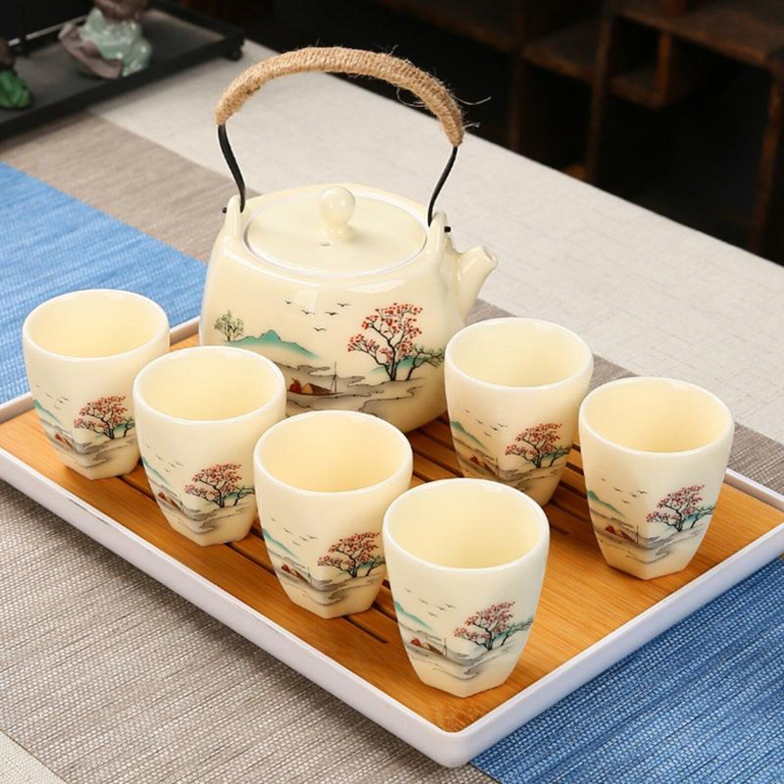 Artisan Riverside Landscape Gongfu Tea Set — Hand-Painted Ceramic Collection