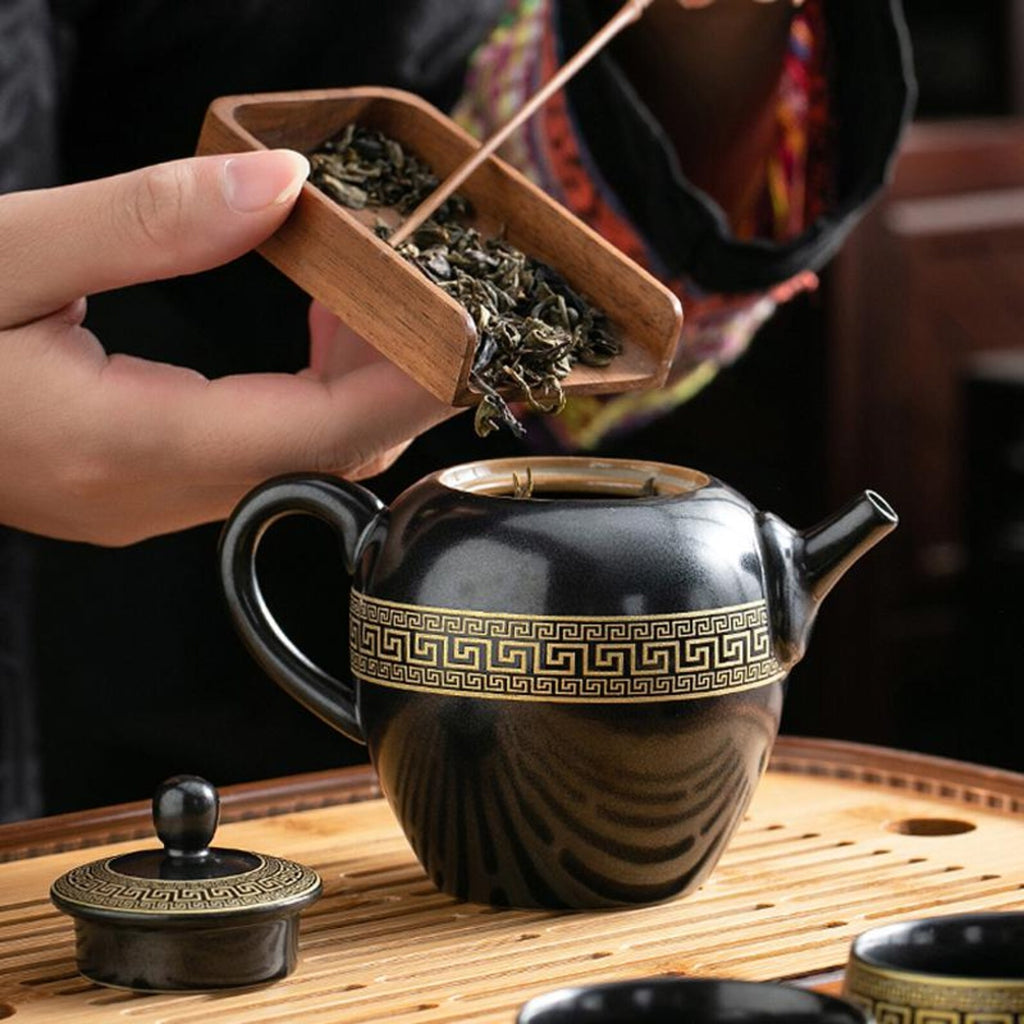 Artisan Obsidian & Gold Porcelain Gongfu Tea Set — Handcrafted Geometric Elegance