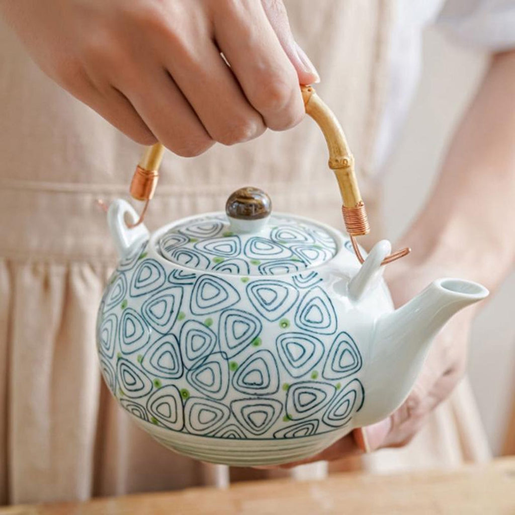 Artisan Geometric Triangle Porcelain Tea Set — 5-Piece Handcrafted Collection with Natural Bamboo Handle