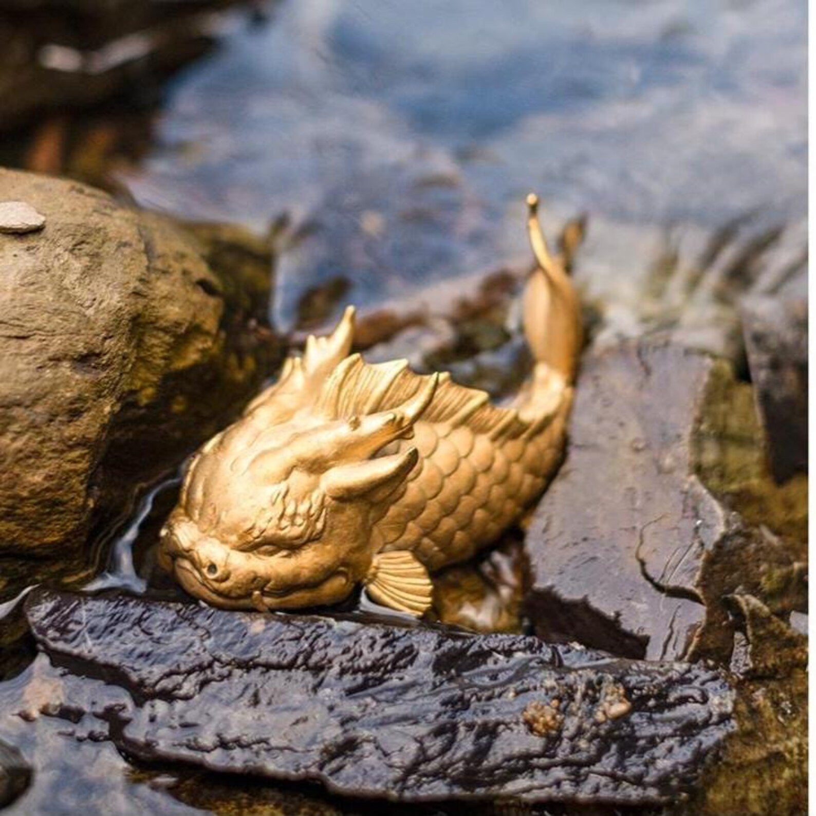 Artisan "Dragon-Koi" Ceramic Tea Pet Set — Pair of Mythical Fish Figurines (White & Gold)