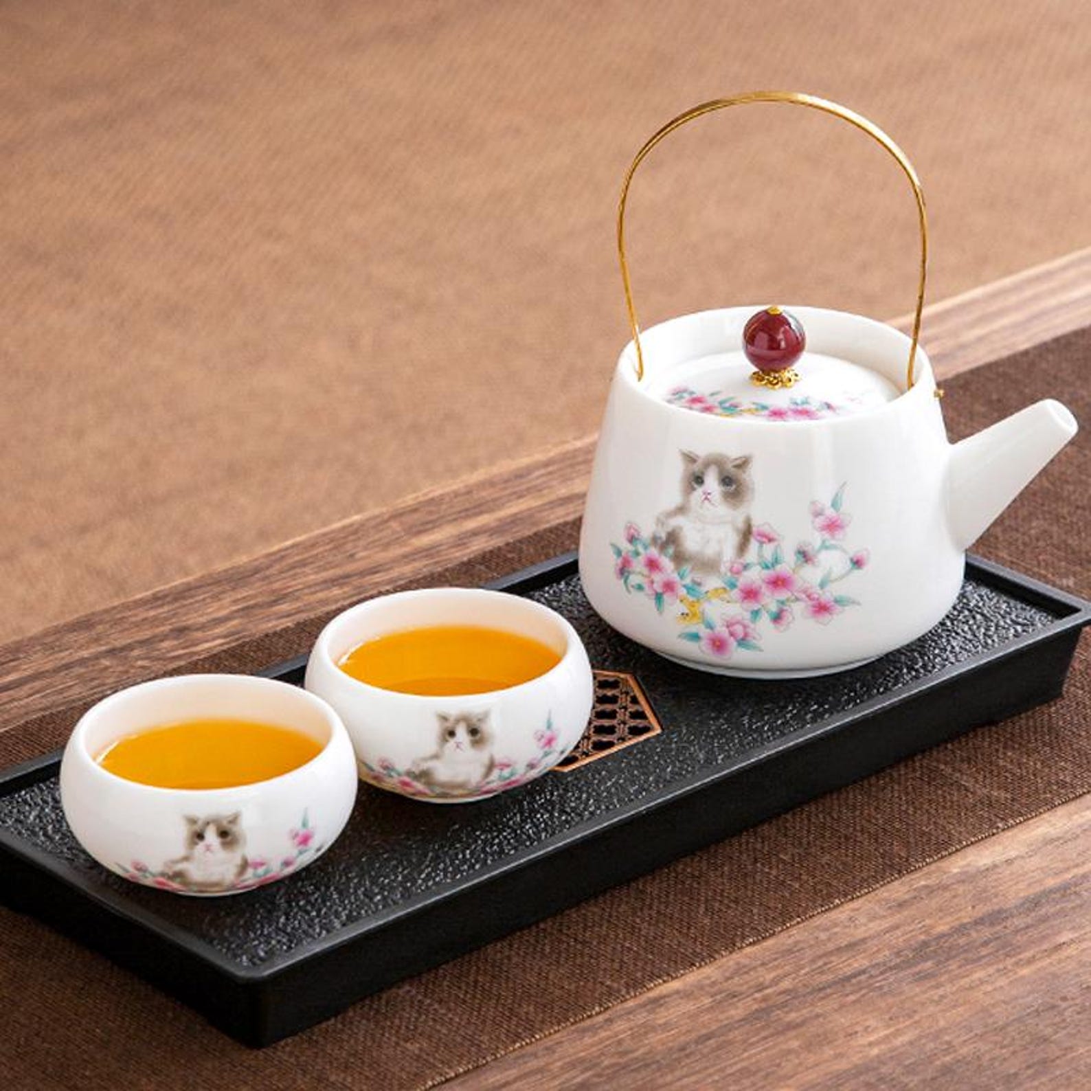 Whimsical Kitten & Cherry Blossom Porcelain Tea Set — Handcrafted Collection with Golden Arched Handle
