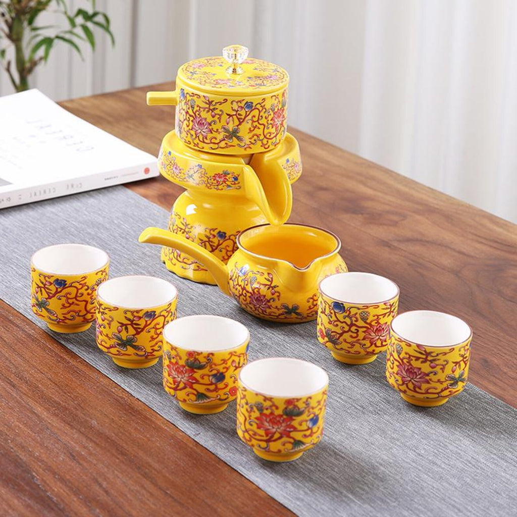 Imperial Rotating Stone Mill Automatic Tea Set — Handcrafted Floral Porcelain Edition