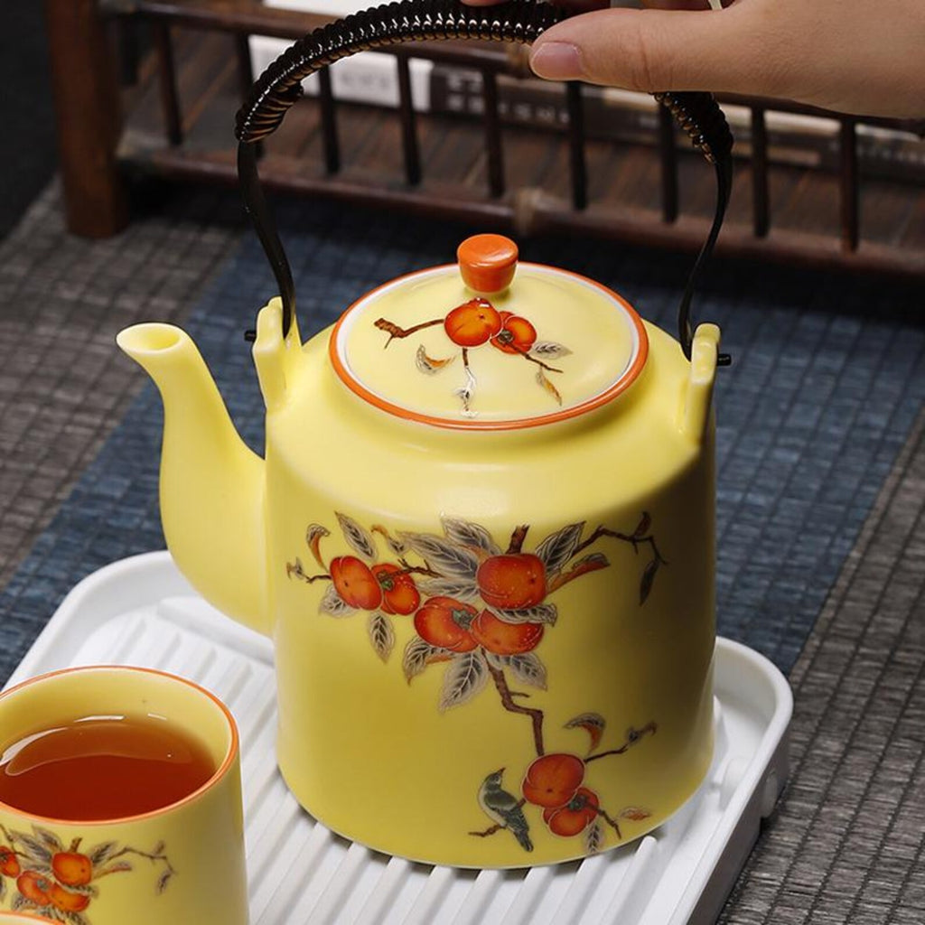Artisan Persimmon & Songbird Porcelain Tea Set — Hand-Finished Ceremonial Collection