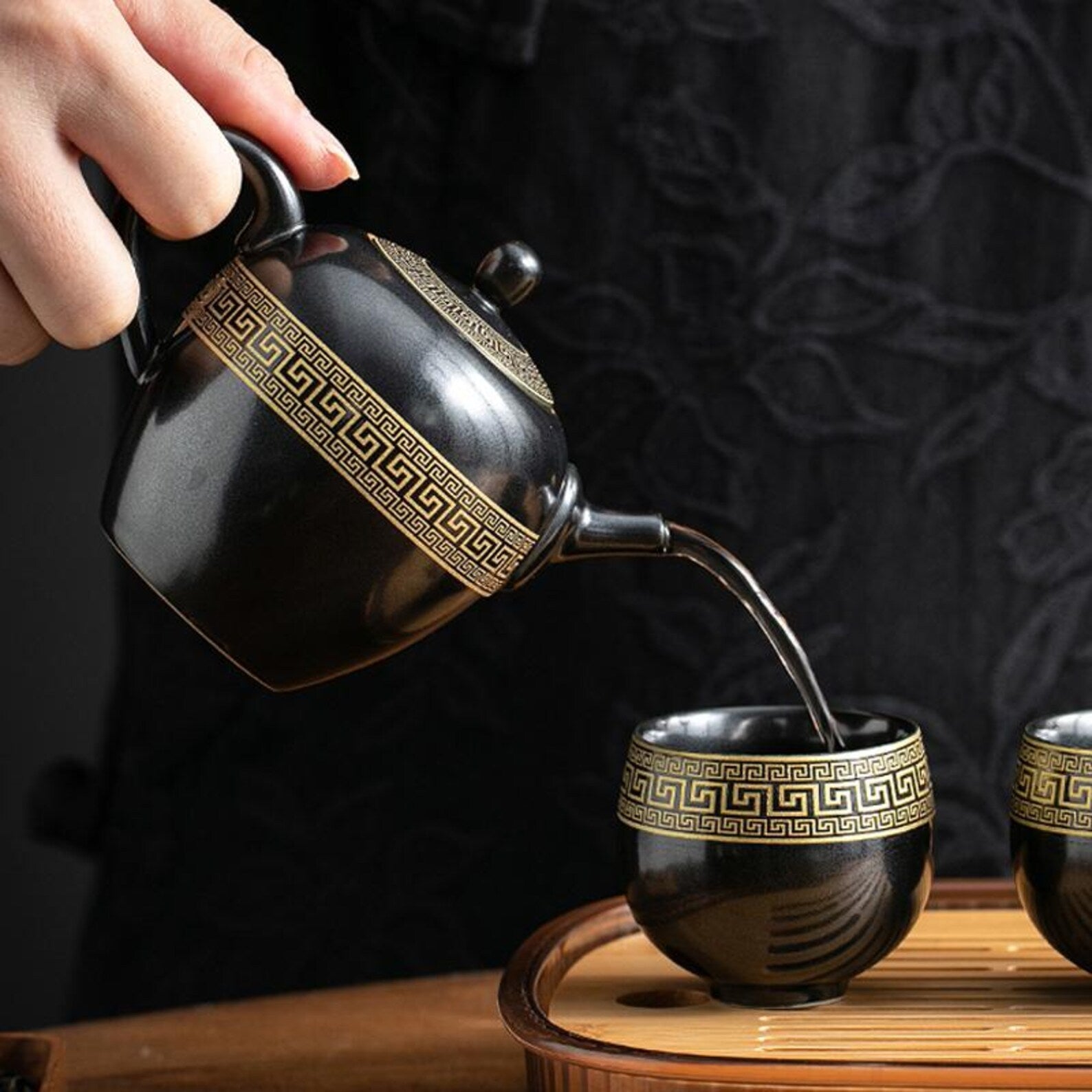 Artisan Obsidian & Gold Porcelain Gongfu Tea Set — Handcrafted Geometric Elegance