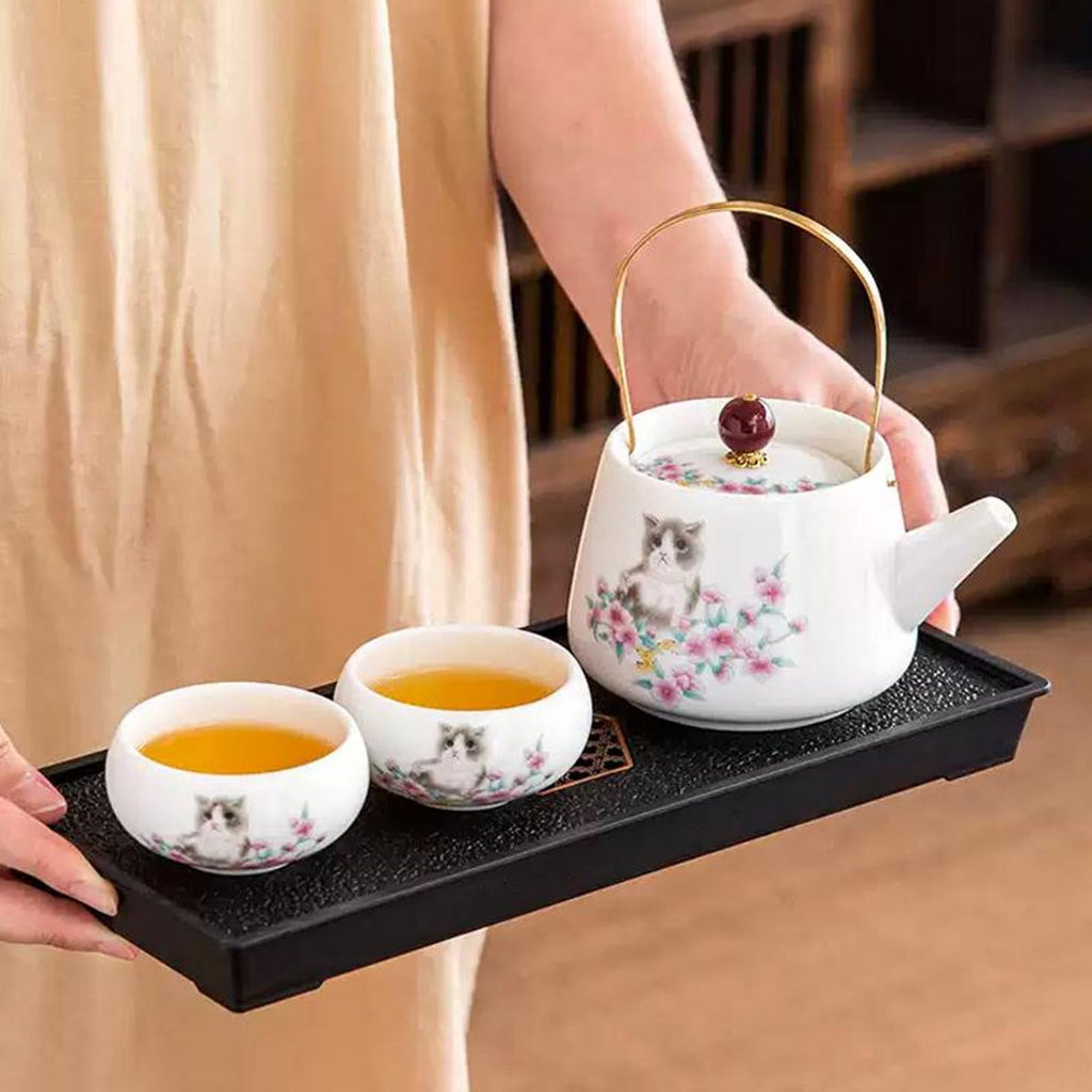 Whimsical Kitten & Cherry Blossom Porcelain Tea Set — Handcrafted Collection with Golden Arched Handle