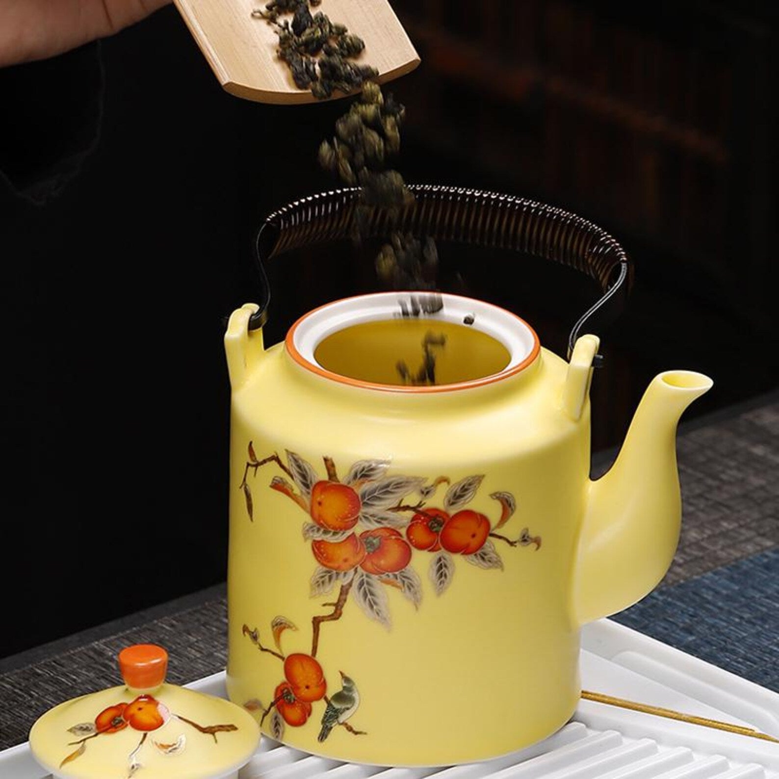 Artisan Persimmon & Songbird Porcelain Tea Set — Hand-Finished Ceremonial Collection