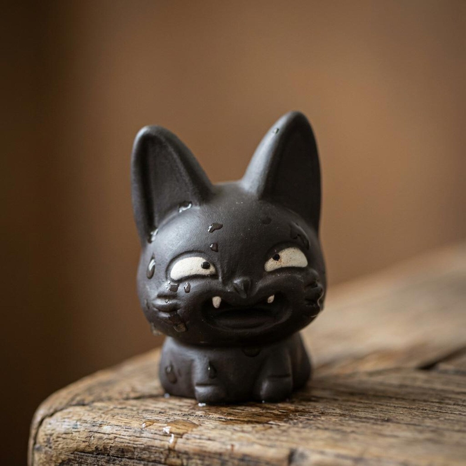 Handcrafted Ceramic "Grinning Black Cat" Tea Pet Ornament