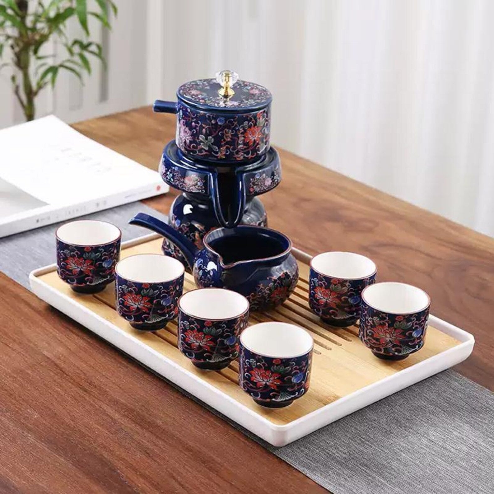 Imperial Rotating Stone Mill Automatic Tea Set — Handcrafted Floral Porcelain Edition