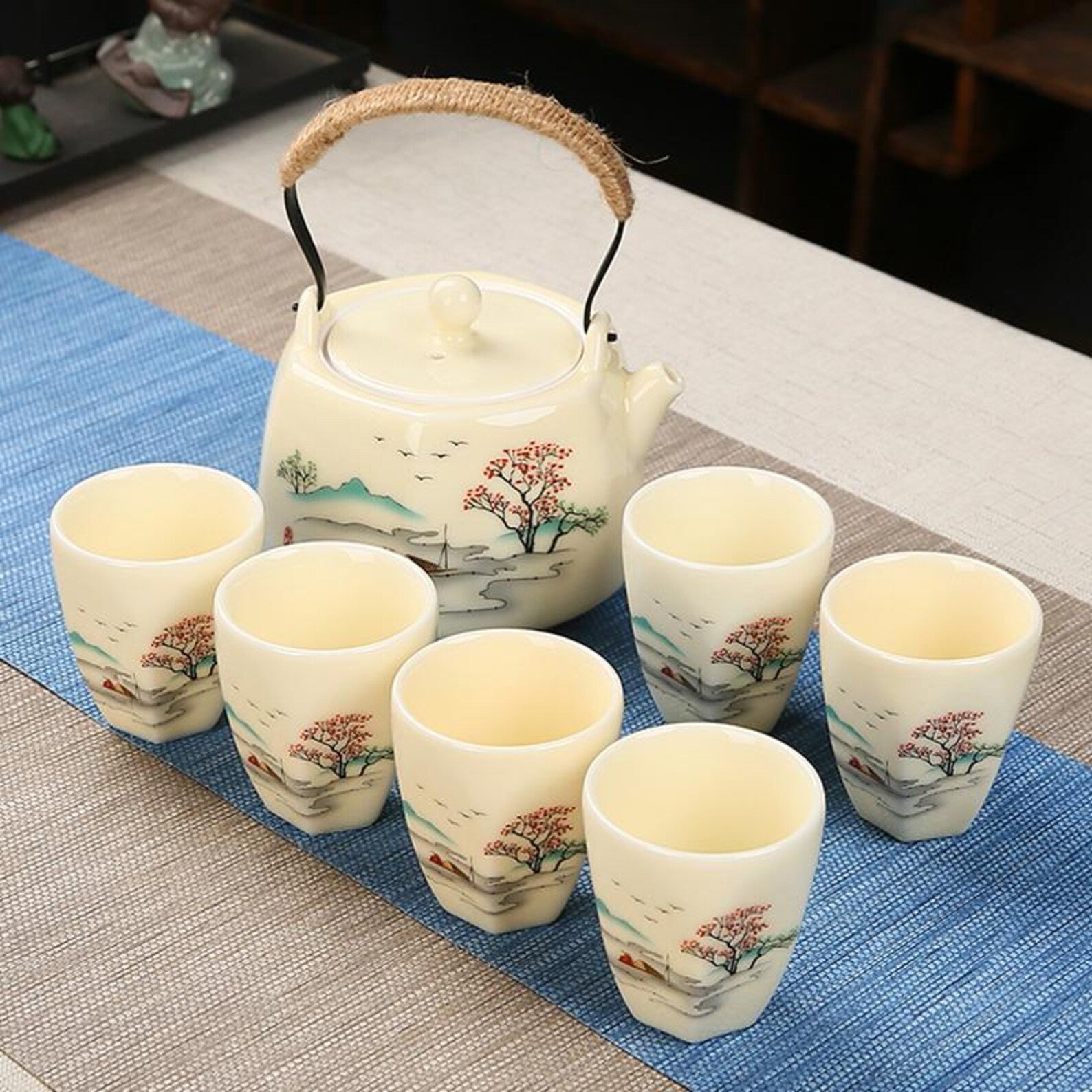 Artisan Riverside Landscape Gongfu Tea Set — Hand-Painted Ceramic Collection