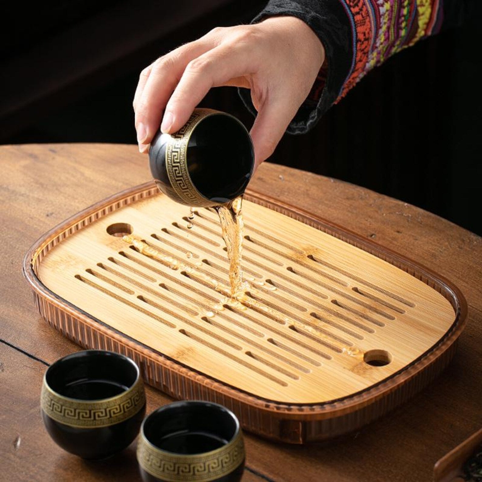 Artisan Obsidian & Gold Porcelain Gongfu Tea Set — Handcrafted Geometric Elegance