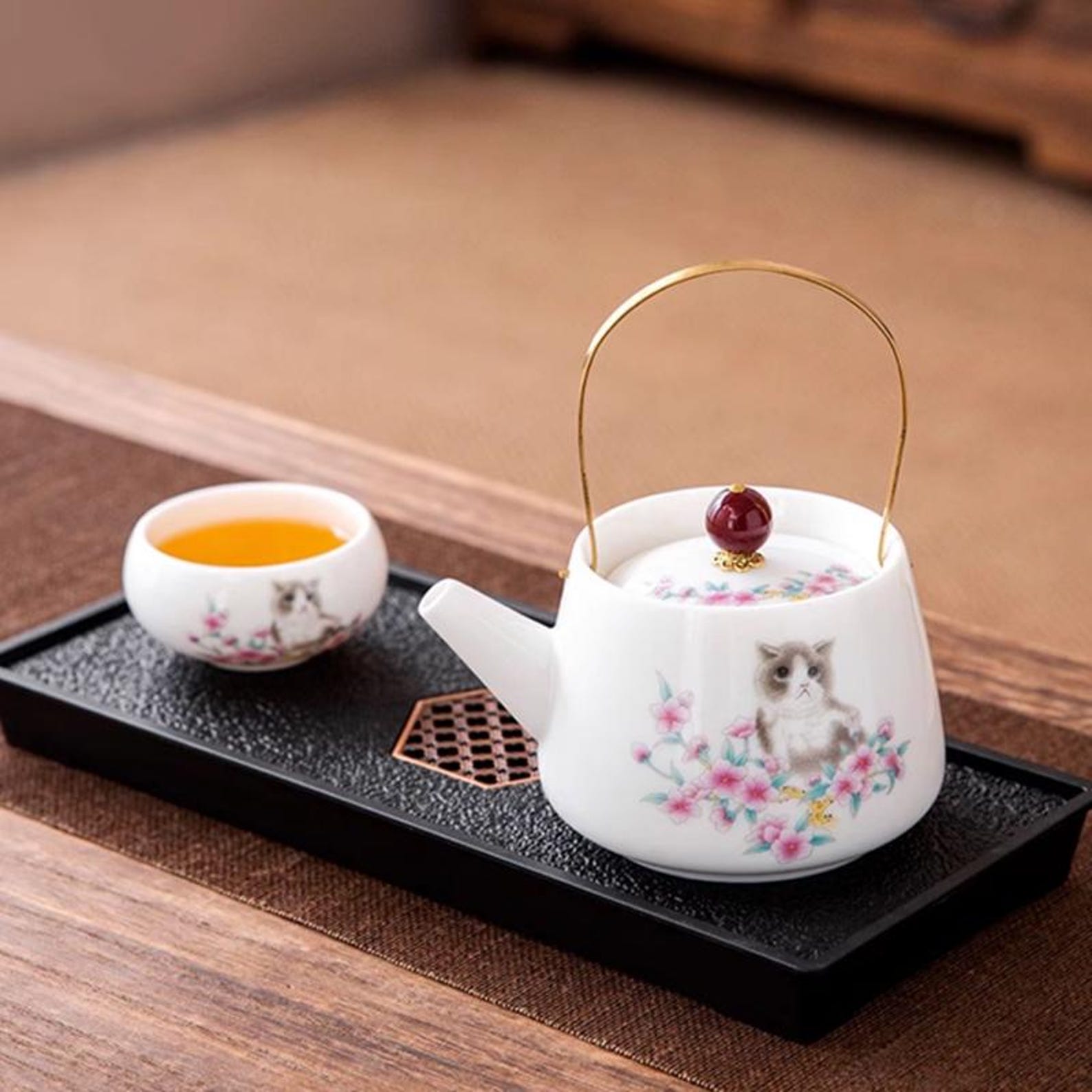 Whimsical Kitten & Cherry Blossom Porcelain Tea Set — Handcrafted Collection with Golden Arched Handle