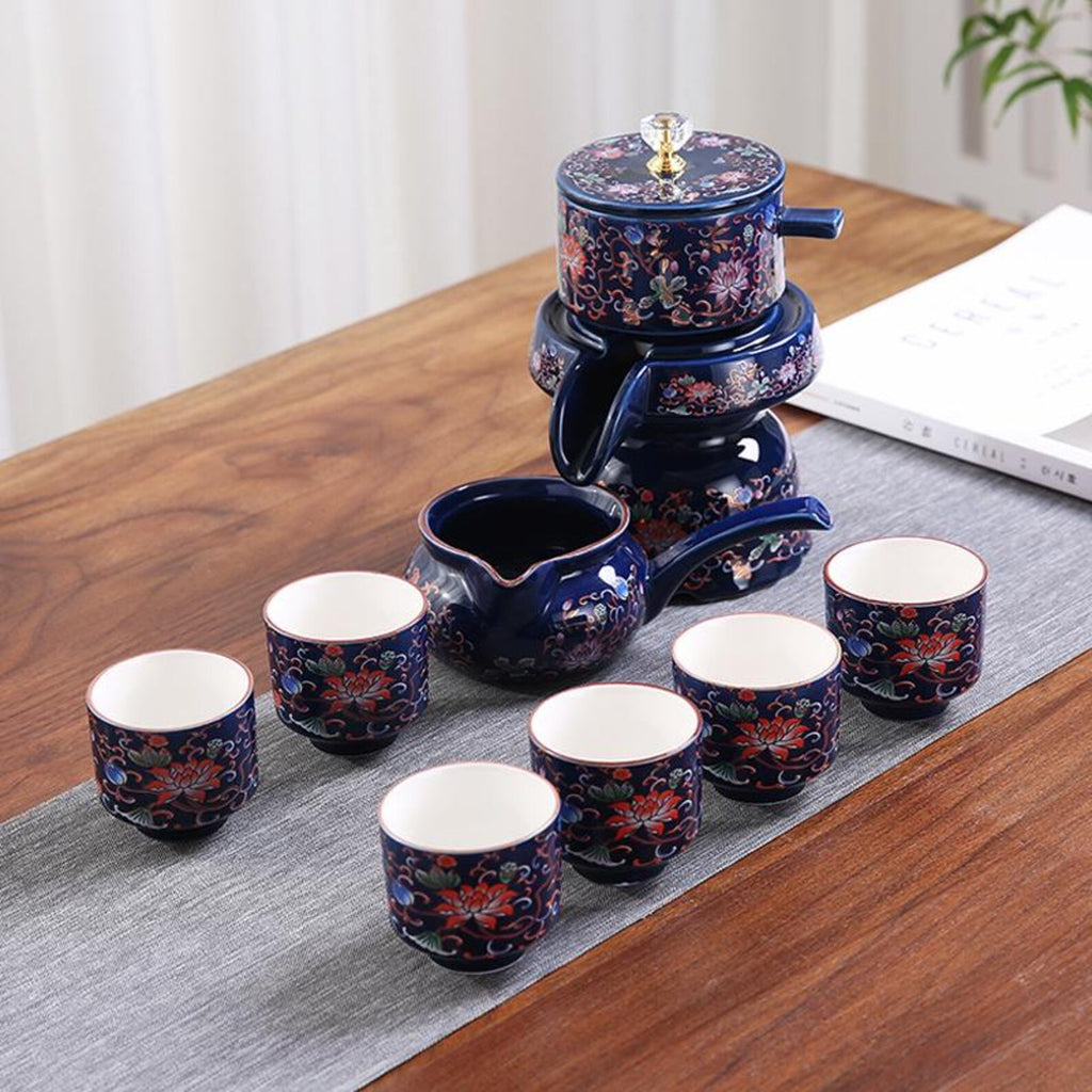 Imperial Rotating Stone Mill Automatic Tea Set — Handcrafted Floral Porcelain Edition