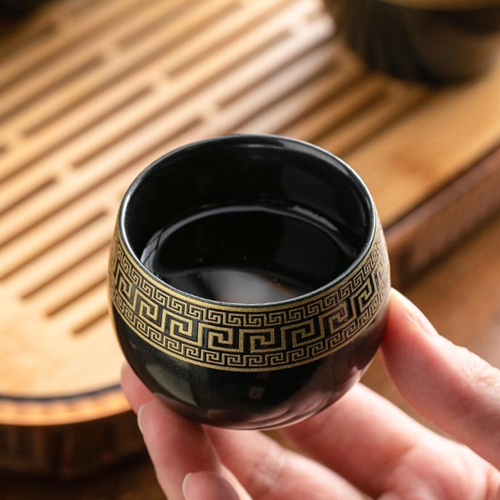 Artisan Obsidian & Gold Porcelain Gongfu Tea Set — Handcrafted Geometric Elegance