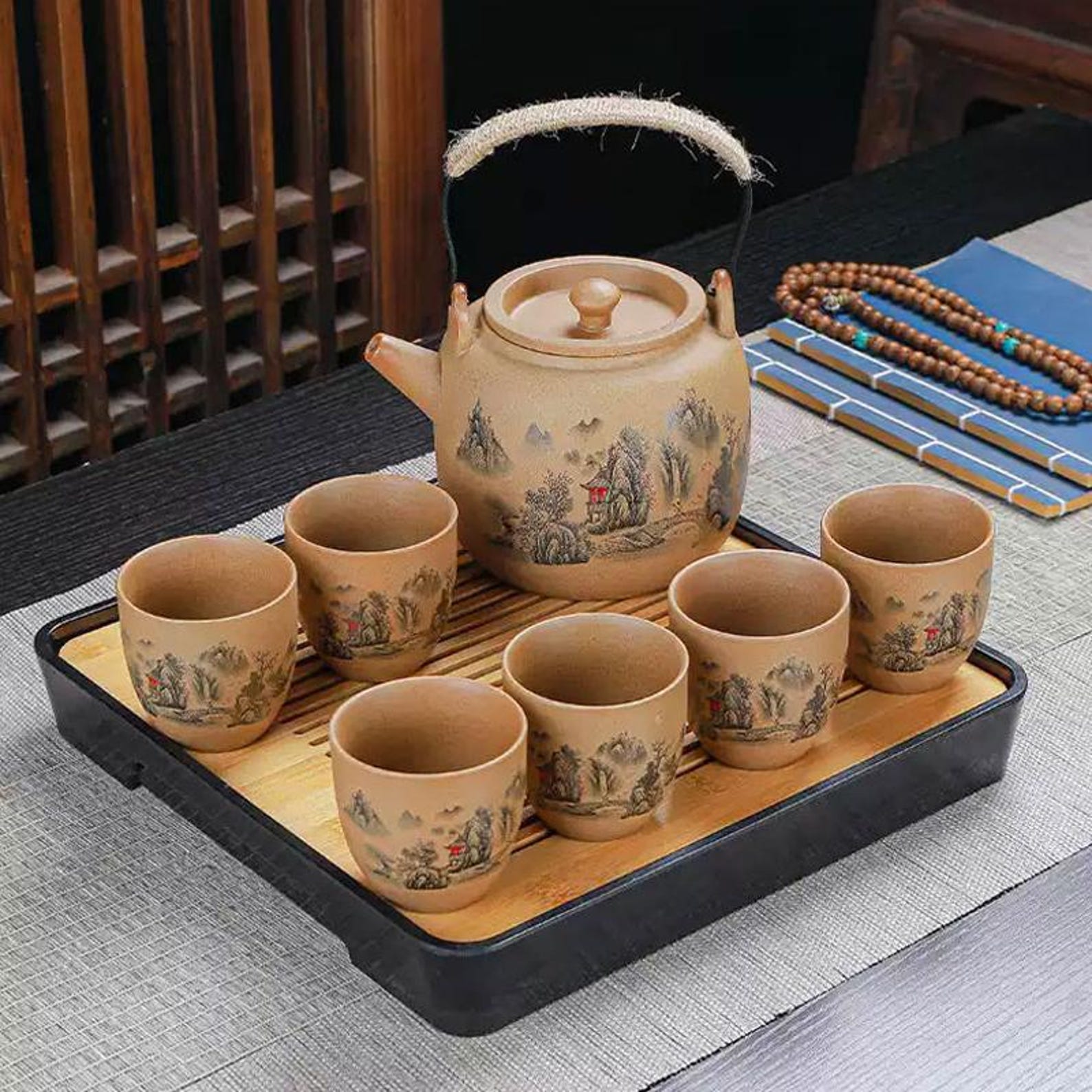 Artisan Sand-Textured Stoneware Tea Set — Landscape Motif with Jute-Wrapped Handle
