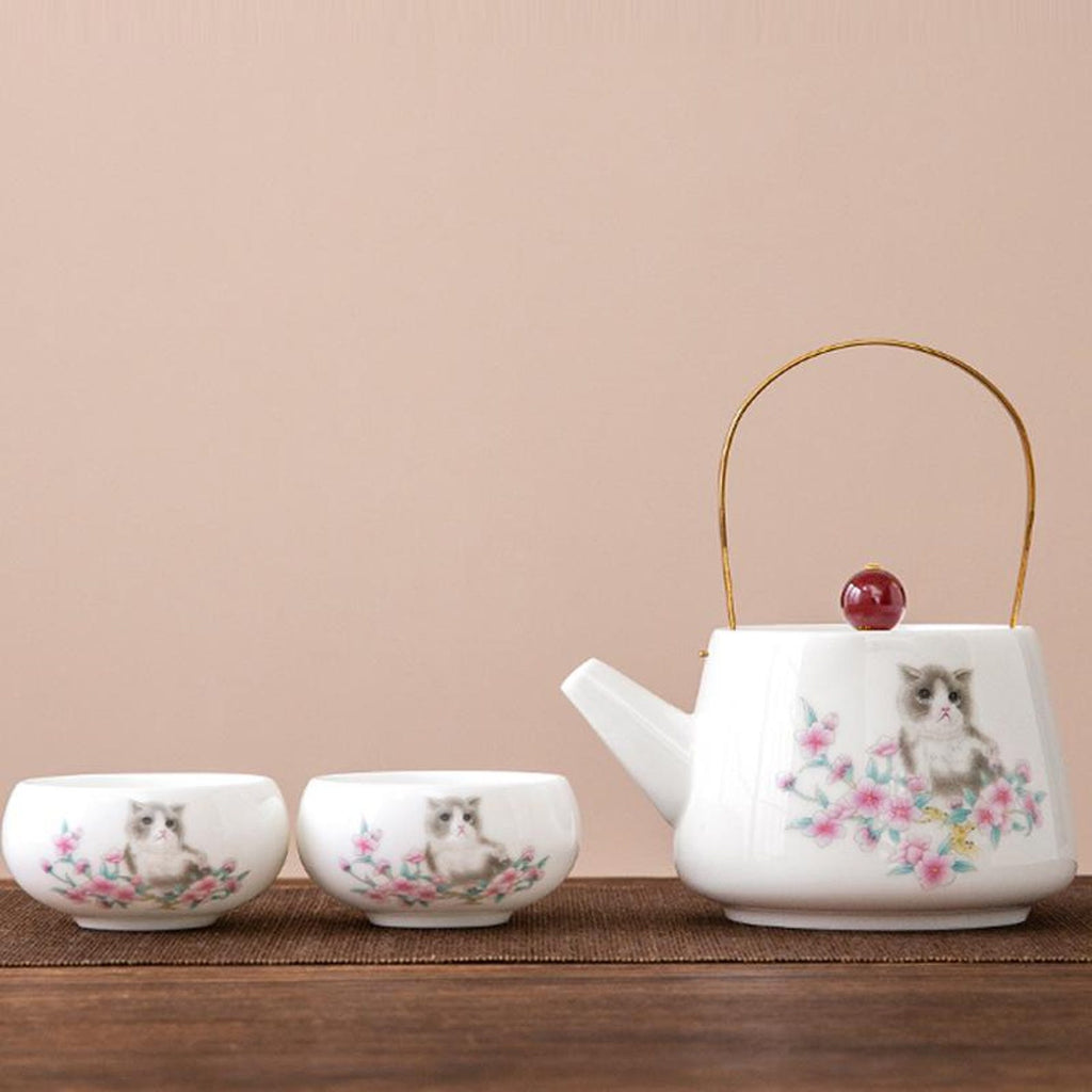 Whimsical Kitten & Cherry Blossom Porcelain Tea Set — Handcrafted Collection with Golden Arched Handle
