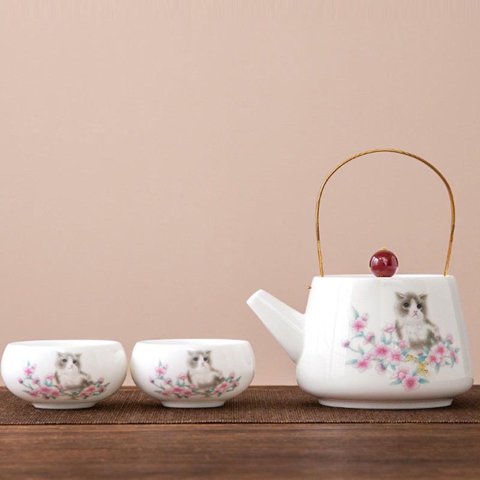 Whimsical Kitten & Cherry Blossom Porcelain Tea Set — Handcrafted Collection with Golden Arched Handle