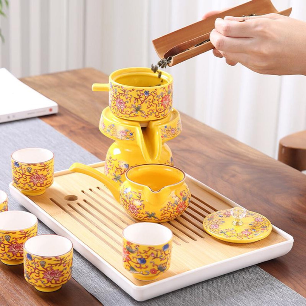 Imperial Rotating Stone Mill Automatic Tea Set — Handcrafted Floral Porcelain Edition