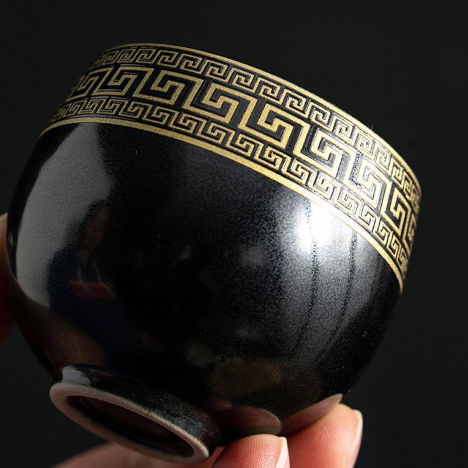 Artisan Obsidian & Gold Porcelain Gongfu Tea Set — Handcrafted Geometric Elegance