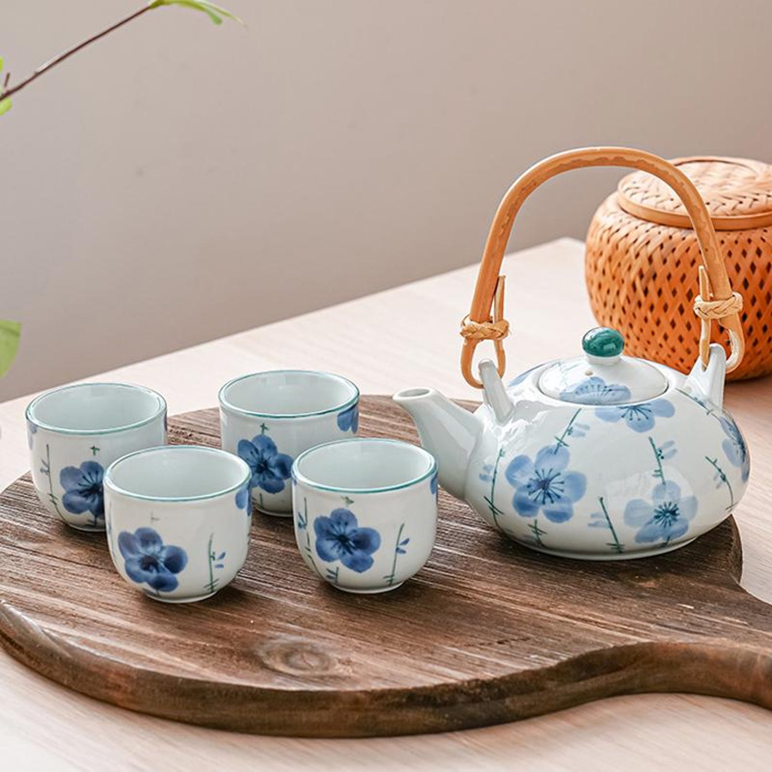 Artisan Floral Porcelain Tea Set — 5-Piece Handcrafted Collection with Natural Bamboo Handle