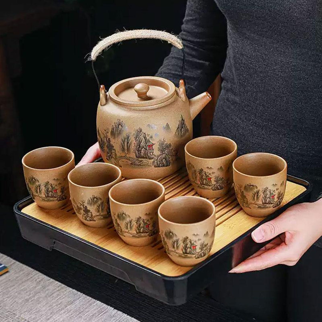 Artisan Sand-Textured Stoneware Tea Set — Landscape Motif with Jute-Wrapped Handle