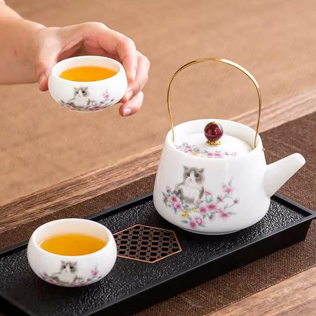 Whimsical Kitten & Cherry Blossom Porcelain Tea Set — Handcrafted Collection with Golden Arched Handle