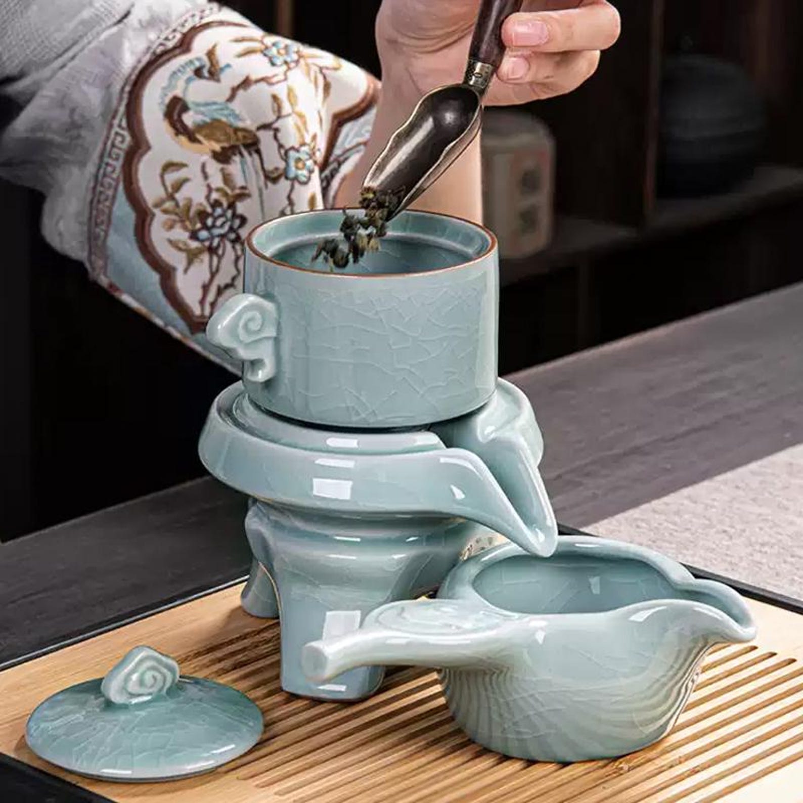Celestial Ice-Crackle Automatic Stone Mill Tea Set — 9/10 Piece Master Collection
