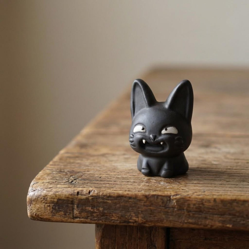 Handcrafted Ceramic "Grinning Black Cat" Tea Pet Ornament