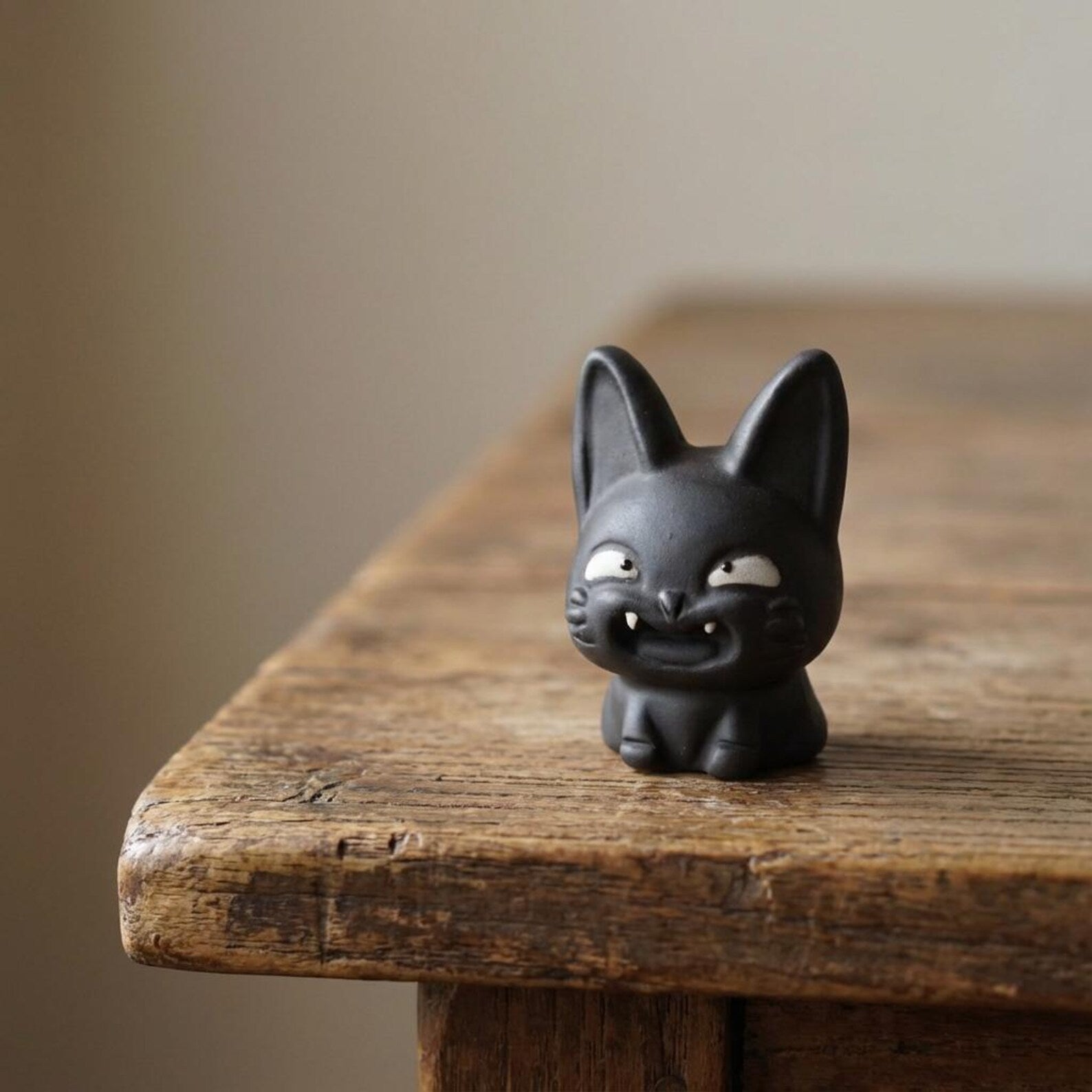 Handcrafted Ceramic "Grinning Black Cat" Tea Pet Ornament