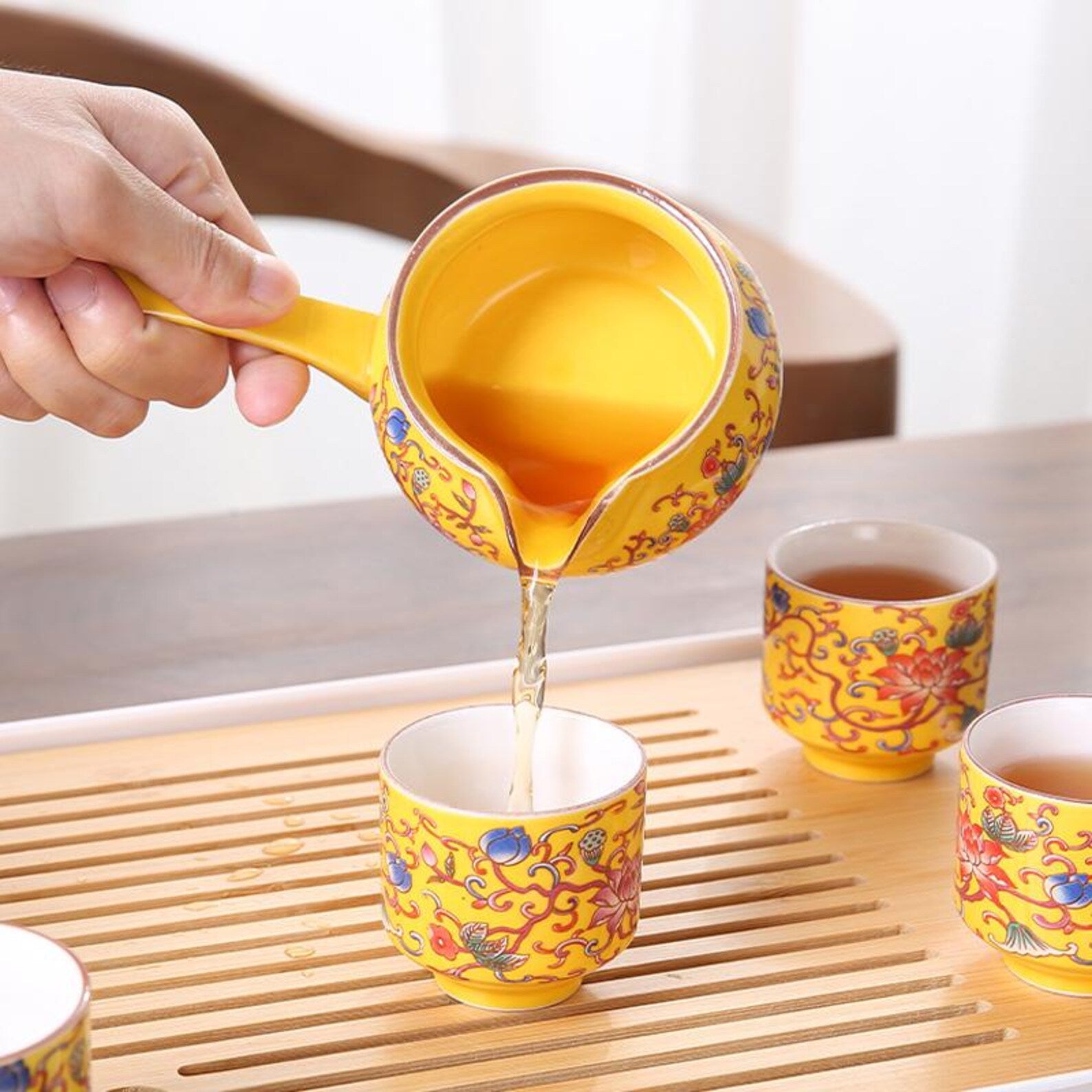 Imperial Rotating Stone Mill Automatic Tea Set — Handcrafted Floral Porcelain Edition