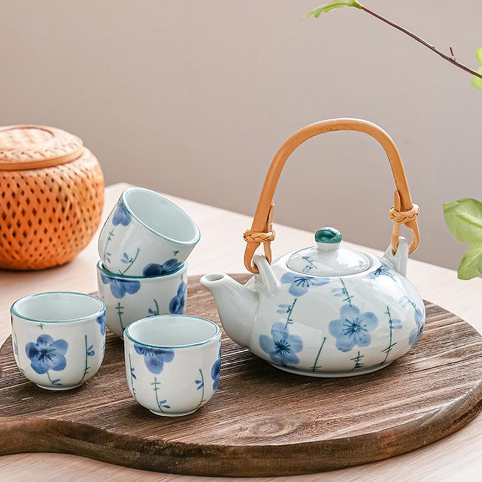 Artisan Floral Porcelain Tea Set — 5-Piece Handcrafted Collection with Natural Bamboo Handle