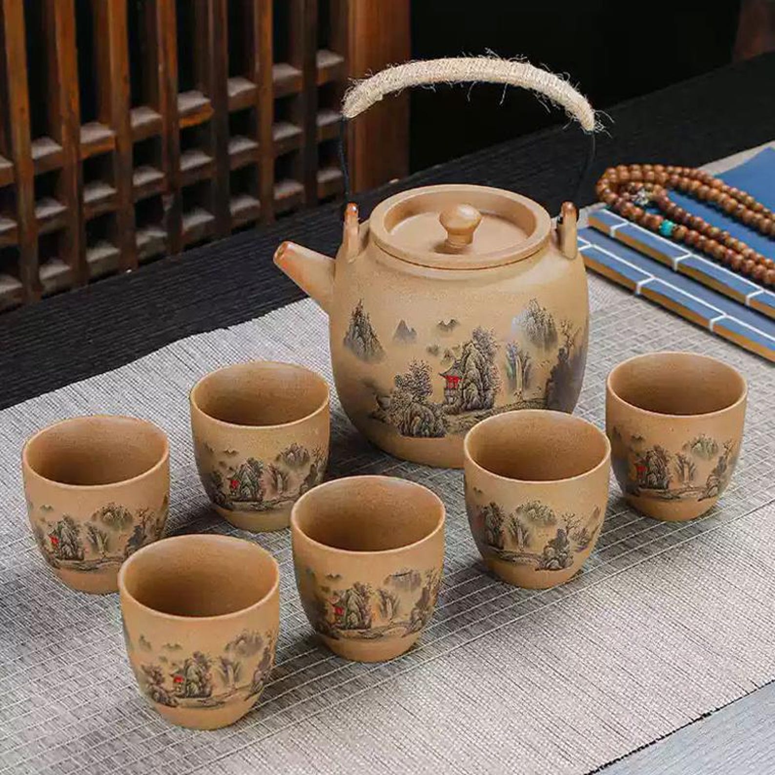 Artisan Sand-Textured Stoneware Tea Set — Landscape Motif with Jute-Wrapped Handle