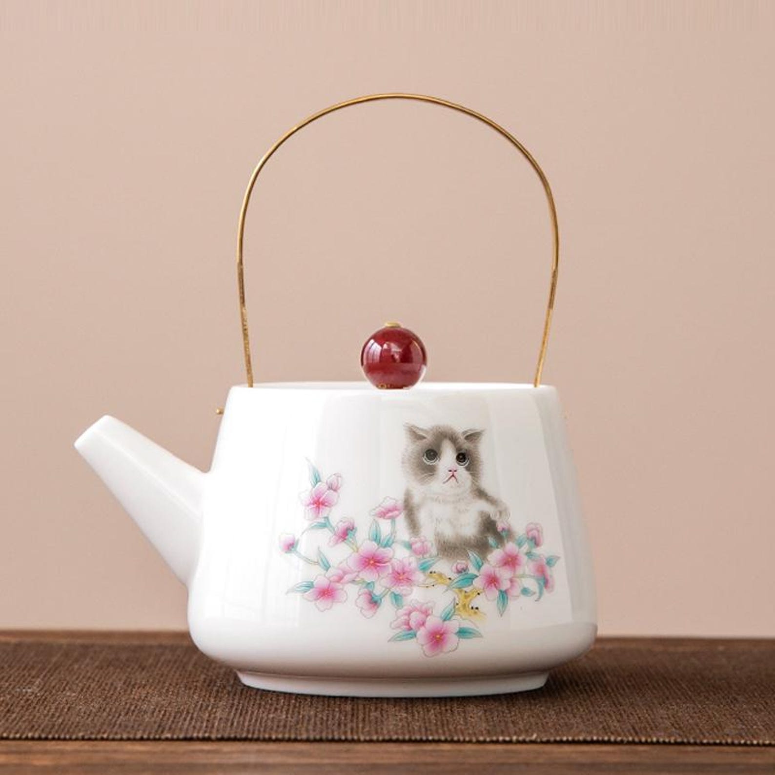 Whimsical Kitten & Cherry Blossom Porcelain Tea Set — Handcrafted Collection with Golden Arched Handle