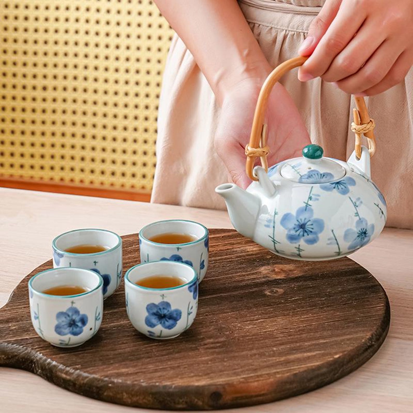 Artisan Floral Porcelain Tea Set — 5-Piece Handcrafted Collection with Natural Bamboo Handle