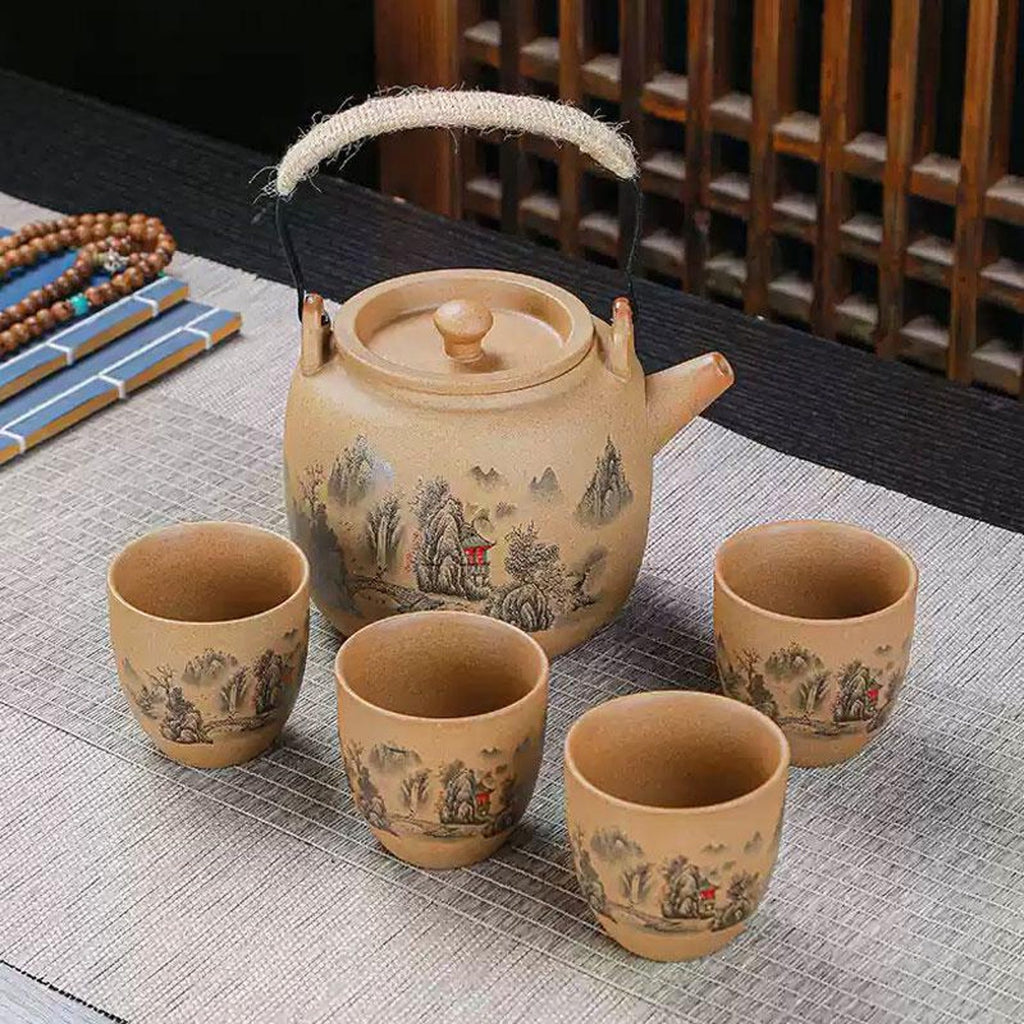 Artisan Sand-Textured Stoneware Tea Set — Landscape Motif with Jute-Wrapped Handle