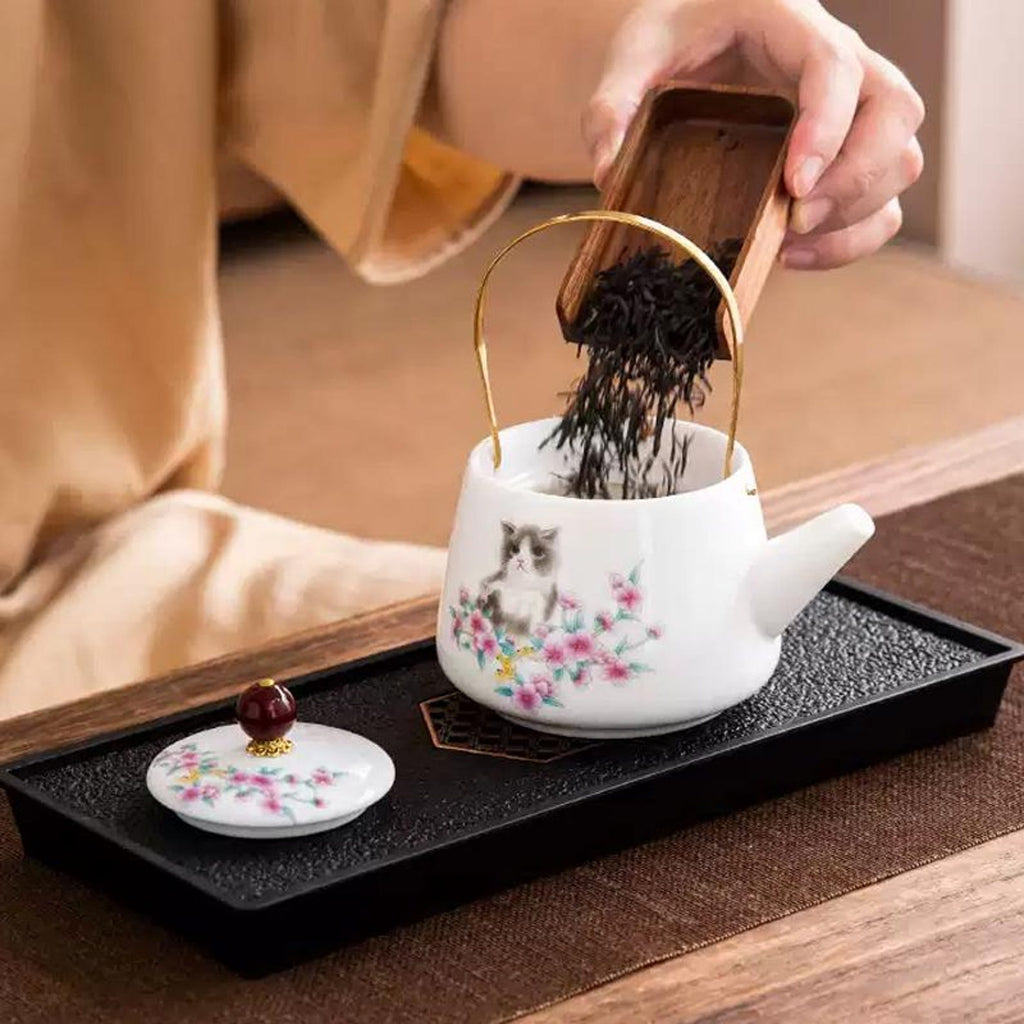 Whimsical Kitten & Cherry Blossom Porcelain Tea Set — Handcrafted Collection with Golden Arched Handle
