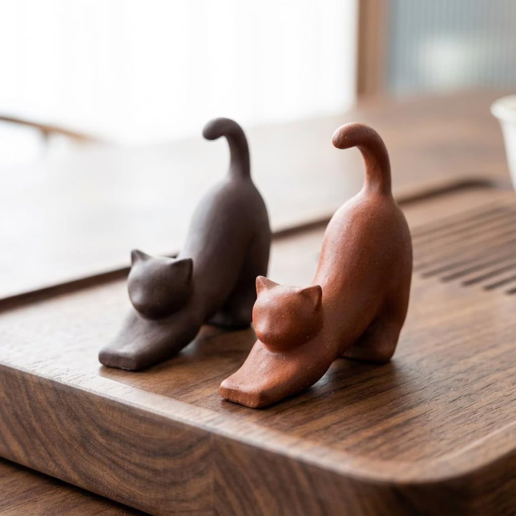 Handcrafted Ceramic "Yoga Cats" Tea Pet Pair