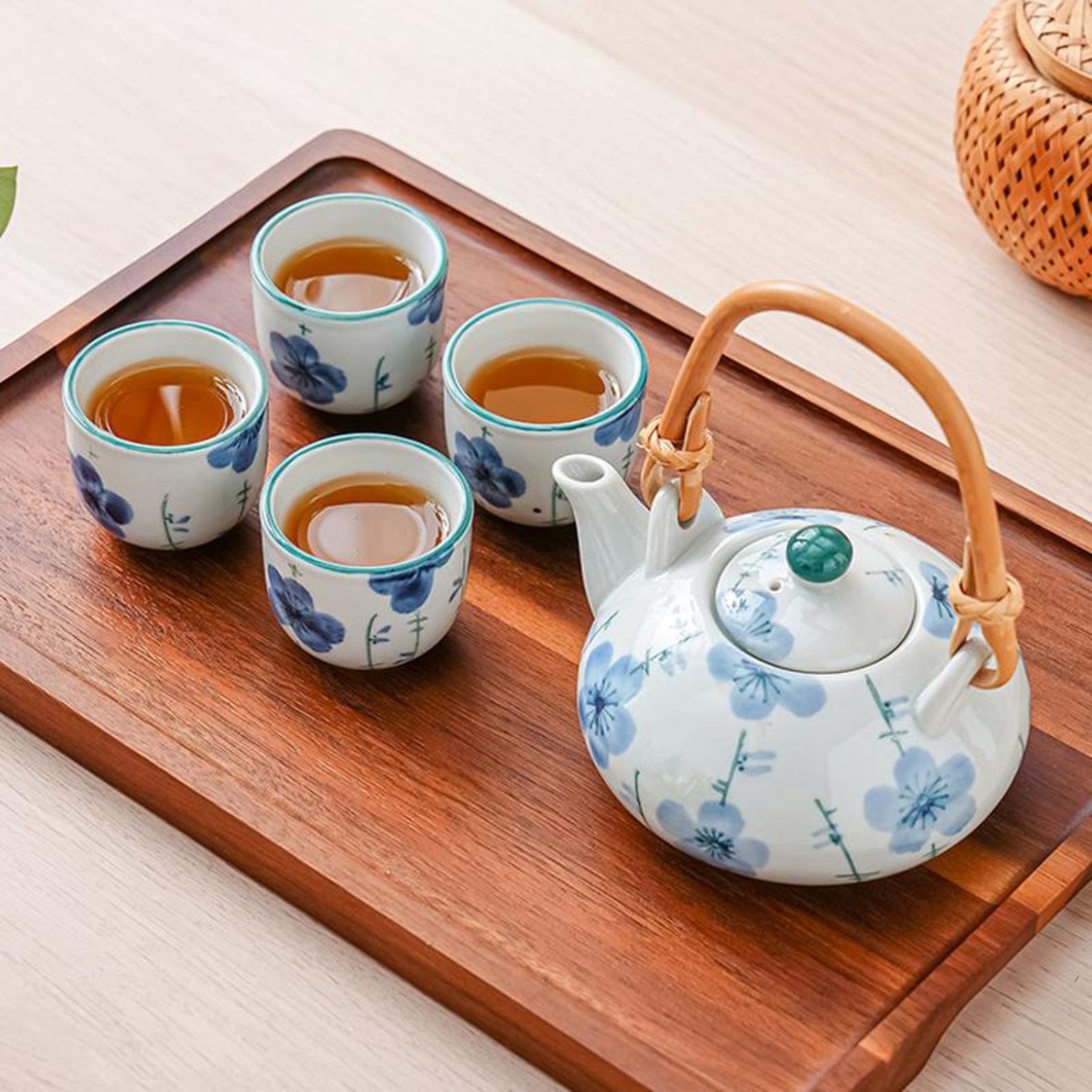 Artisan Floral Porcelain Tea Set — 5-Piece Handcrafted Collection with Natural Bamboo Handle