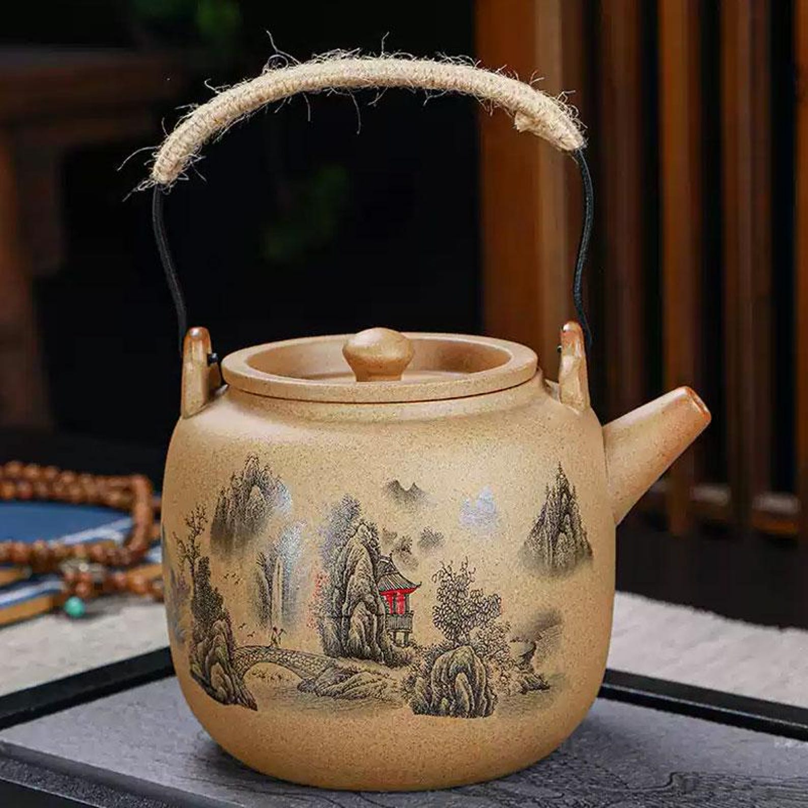 Artisan Sand-Textured Stoneware Tea Set — Landscape Motif with Jute-Wrapped Handle