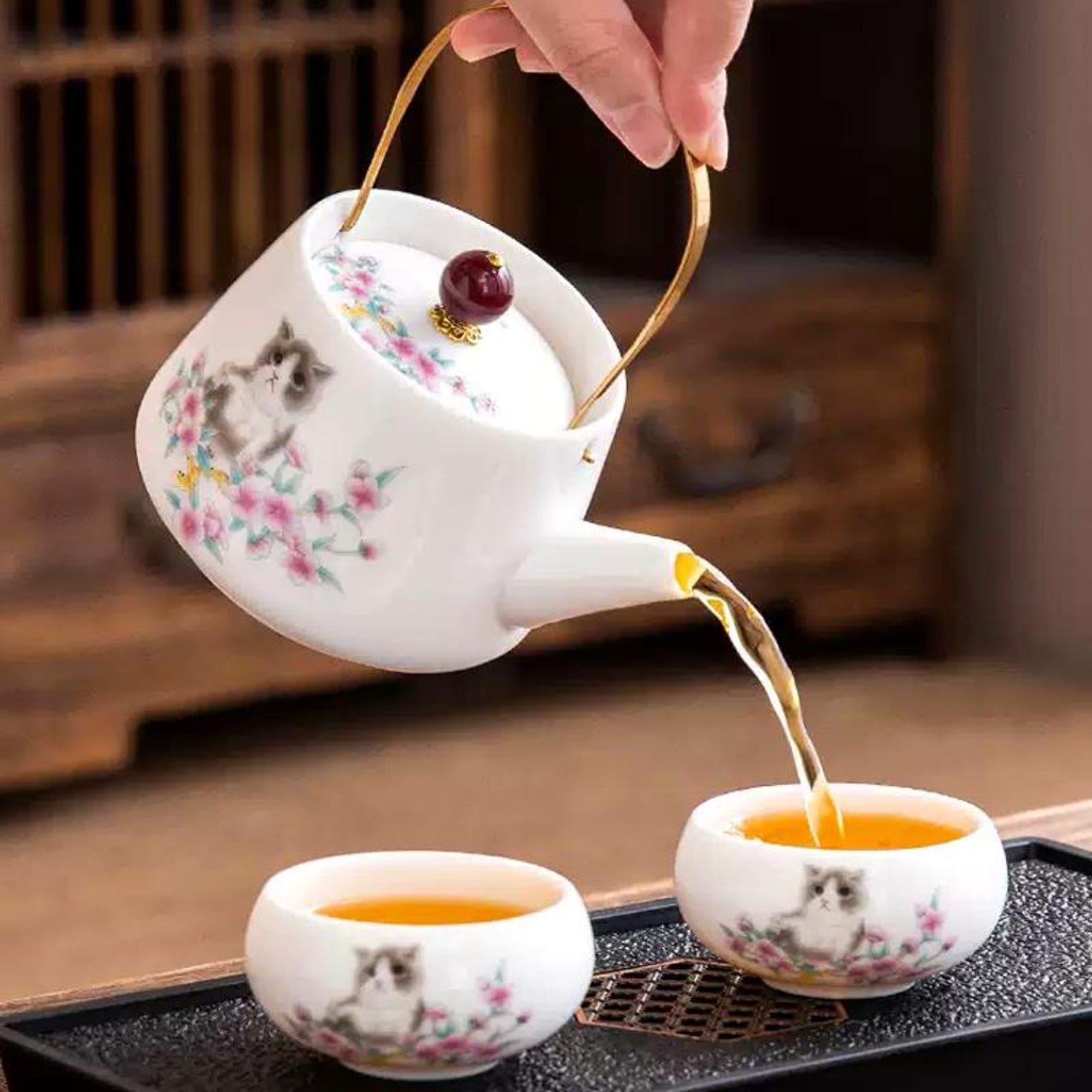 Whimsical Kitten & Cherry Blossom Porcelain Tea Set — Handcrafted Collection with Golden Arched Handle